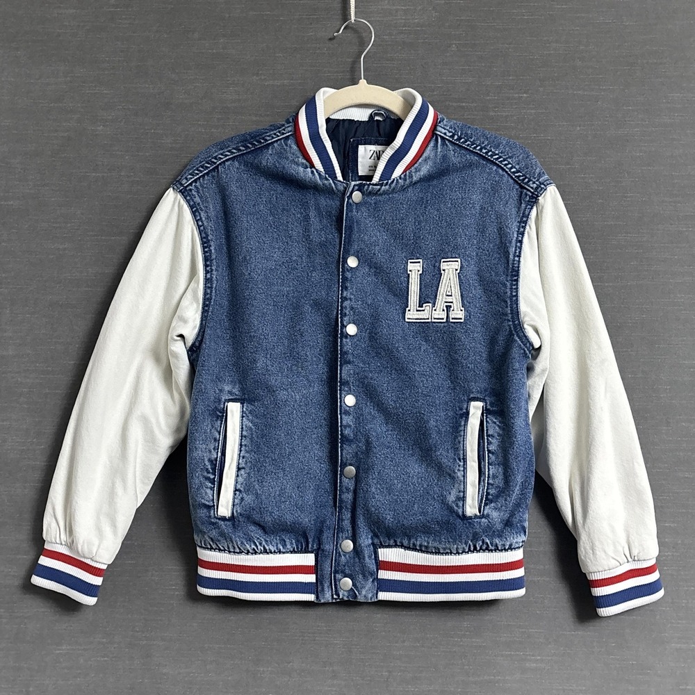Zara Jacket Youth 10 Blue Denim Letterman‎ Varsity Bomber LA New York Tokyo Snap